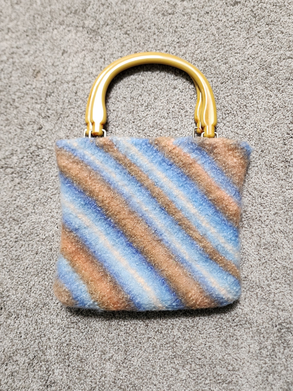 Handmade Blue and Brown Striped Felt Handbag with Plastic Handles